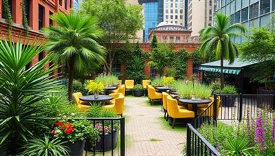 A beautifully designed urban garden oasis with lush greenery, colorful flowers, and cozy seating areas, creating a serene escape in the midst of a bustling cityscape.