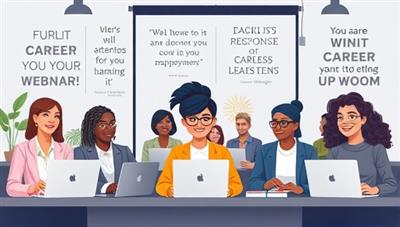 An engaging digital illustration featuring a diverse group of professionals attending a virtual career development webinar, with laptops, notebooks, and motivational career quotes in the background, conveying a sense of learning, growth, and professional empowerment.
