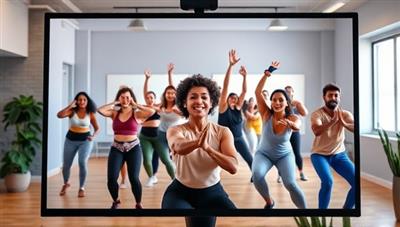A vibrant virtual fitness session with a diverse group of people exercising together on-screen, guided by a dynamic fitness coach, showcasing inclusivity, energy, and motivation.