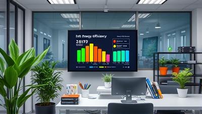 An office setting with a digital screen displaying energy efficiency metrics, surrounded by green plants, recycling bins, and sustainable office supplies, reflecting a commitment to environmental consciousness and sustainable business practices.