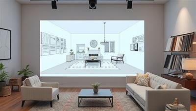 A virtual design studio setup with a large screen displaying a 3D room rendering, design sketches, fabric swatches, and furniture samples, creating an interactive and visually appealing design presentation for clients, showcasing the virtual design process.