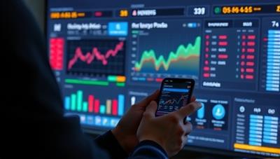 An AI interface displaying real-time sports data, charts, and predictions, with a user placing bets on a mobile device, illustrating the seamless integration of AI insights into sports betting decisions.