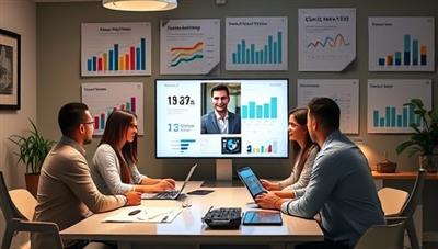 A professional digital marketing agency workspace with a team brainstorming digital strategies on a virtual call, surrounded by digital marketing data charts and social media engagement metrics, conveying expertise and collaboration in digital marketing consultancy.