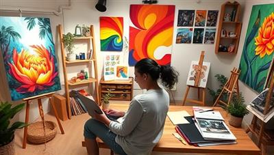 A digital art studio setup with a beginner artist engaging in an online art class, surrounded by vibrant paintings, sketchbooks, and digital drawing tablets, creating a colorful and inspirational learning environment.