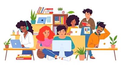 A vibrant digital illustration of diverse students studying together online, each with their unique study setup, creating a sense of community and collaboration in a virtual environment.