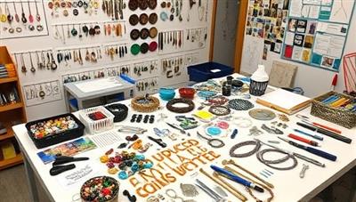 A workshop setting with a diverse array of beads, charms, tools, and jewelry components neatly arranged on a crafting table, surrounded by examples of upcycled jewelry pieces, colorful design sketches, and inspirational mood boards, showcasing the creative and sustainable essence of the workshops.
