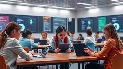 A futuristic classroom setting with students engaging with tablets and AI tutors, showcasing a dynamic and interactive learning environment.