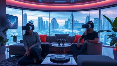 An artistic rendering of a futuristic living room setup with individuals wearing VR headsets, fully engrossed in a virtual reality gaming experience, surrounded by digital landscapes and futuristic elements, illustrating the immersive nature of the concept.