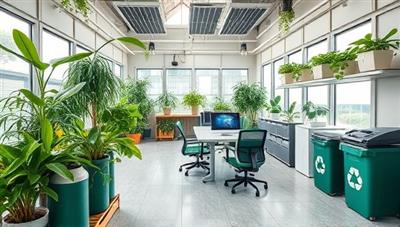 An office space adorned with greenery, solar panels, and recycling bins, exuding a sustainable and eco-friendly atmosphere, representing our commitment to environmental stewardship.