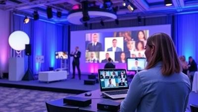 A virtual event planning scene with an event coordinator managing a digital event setup, coordinating with vendors and speakers via video calls, and overseeing the technical aspects of the virtual event, creating a dynamic and professional virtual event planning atmosphere.