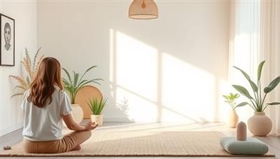 A serene virtual therapy space with soothing colors and calming elements, featuring a mental health coach guiding a mindfulness session with a client via video call, promoting relaxation and emotional support.