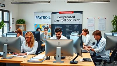 A dynamic workplace scene featuring a diverse team of payroll and HR experts processing payroll documents and interacting with clients on computer screens, with compliance banners and legal documents in the background, symbolizing efficient outsourced payroll and compliance services for businesses.