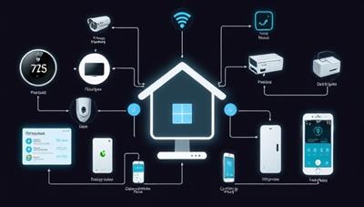 An interconnected smart home ecosystem featuring devices like thermostats, security cameras, and smart locks controlled through a central hub, showcasing the convenience and efficiency of smart rental management for property owners and tenants.