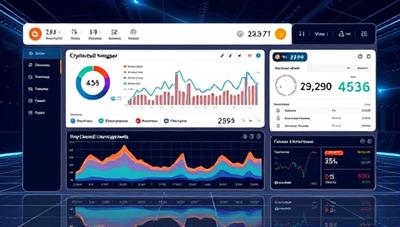 A futuristic visualization of a digital wealth management dashboard on CryptoWealth Manager, with dynamic charts displaying crypto asset allocations, performance metrics, and personalized investment recommendations, showcasing a seamless and efficient approach to managing cryptocurrency portfolios through advanced AI technology.