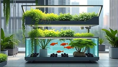 An artistic rendering of a modern, compact urban farm setup with cascading greenery and clear fish tanks integrated into a sleek, sustainable design, reflecting the harmony of aquaponics in an urban setting.