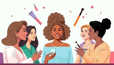 A digital illustration of a diverse group of people engaging in a virtual beauty consultation, with colorful skincare products and makeup brushes floating around them, representing personalized beauty advice in a modern, virtual setting.