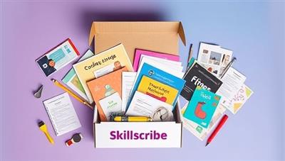 An artistic flat lay of a SkillScribe box open to reveal colorful learning materials, tools, and guides related to coding, cooking, fitness, and graphic design, creating a visually appealing representation of the diverse skills offered.