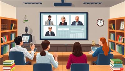 An illustration of a virtual classroom setting with diverse students engaging with legal experts through video lectures and interactive modules, surrounded by legal books and symbols, representing a dynamic and immersive online legal learning experience.