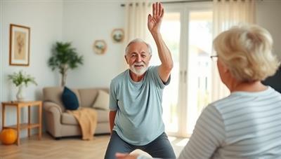 An uplifting visual representation of a senior individual engaging in a virtual fitness session with a supportive online coach, showcasing exercises suitable for older adults, a cozy home workout environment, and a sense of vitality and well-being, promoting active aging.