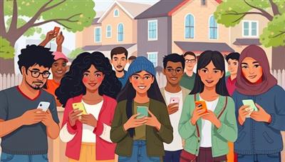 An engaging digital illustration showing a diverse group of neighbors using smartphones to report suspicious activities and share updates on a map-based community platform, emphasizing the collaborative and vigilant nature of the Neighborhood Property Watch service.