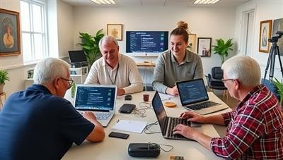 An inclusive and welcoming online classroom environment with seniors engaging in coding exercises on laptops, with supportive mentors guiding them through the learning process, fostering a sense of community and empowerment in tech education.
