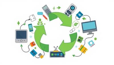 An illustration of electronic devices being transformed into new products, symbolizing the circular economy concept and showcasing the environmental impact of responsible e-waste recycling.