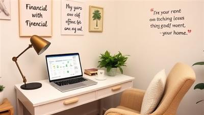 A cozy home office setup with a desk, a laptop displaying financial planning tools, motivational quotes on the walls, and a comfortable chair, creating a warm and inviting atmosphere for financial coaching sessions.