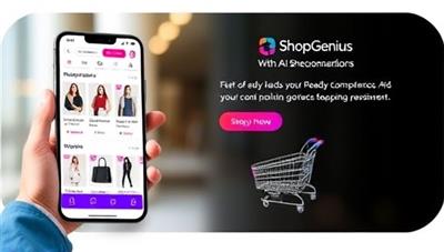 An engaging visual representation of the ShopGenius app interface, featuring a user scrolling through personalized product recommendations, price comparisons, and style suggestions, with a virtual shopping cart and wishlist functionality, highlighting the convenience and personalized shopping experience offered by the AI assistant.
