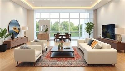 A digital rendering showcasing a beautifully designed living room with virtual furniture placements, creating a seamless blend between the virtual and physical space.