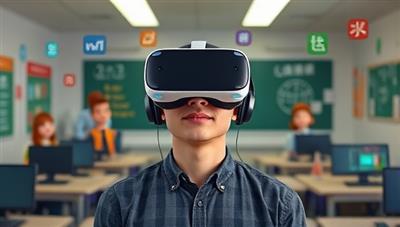 An individual wearing a VR headset, surrounded by digital language characters and interactive learning tools, immersed in a virtual classroom environment, conveying the futuristic and engaging nature of language learning through VR.