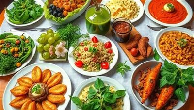 An appetizing plant-based meal spread with colorful vegan dishes, fresh ingredients, and vibrant herbs, arranged on a beautifully set dining table, showcasing the diversity and creativity of plant-based gastronomy.