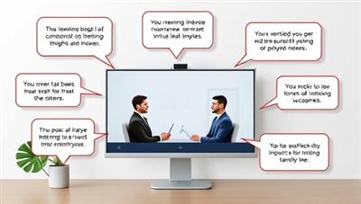 A visual representation of a virtual interview setup with a candidate and interviewer on a screen, surrounded by speech bubbles showcasing positive feedback and successful outcomes, illustrating the impact of the training service.