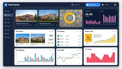 An interactive real estate investment dashboard displaying property listings, investment portfolios, and financial analytics, with virtual property tours, market trends, and ROI projections, creating a dynamic and engaging platform for digital real estate investors to manage their investments and grow their wealth.