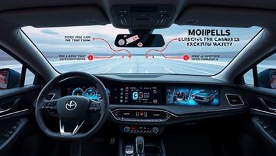 A futuristic dashboard display featuring augmented reality navigation, voice-activated controls, and interactive interfaces, with a focus on seamless connectivity and advanced features available through the TechDrive Evolution subscription service, illustrating the next level of car tech integration.
