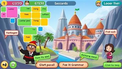 A virtual language learning game interface with colorful language puzzles, interactive dialogue scenarios, and animated characters teaching grammar rules, creating an immersive and educational experience in the world of LingoQuest Adventures.