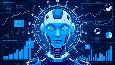 An artistic representation of a futuristic AI assistant surrounded by financial graphs and charts, symbolizing advanced technology and personalized financial guidance.