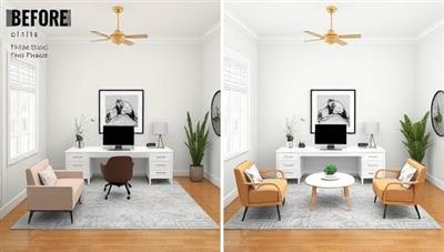 An elegant digital rendering of a virtual interior design consultation, featuring a sleek home office transformation with before-and-after visuals, stylish furniture selections, and a harmonious color palette, highlighting the impact of virtual design services.