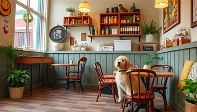 A cozy and pet-friendly cafe setting featuring Paws & Perks Haven's boutique corner with premium pet products, a grooming station with pampered pets enjoying spa treatments, a cafe area with pet-themed decor and seating for pet owners, and furry companions happily mingling and socializing, creating a warm and welcoming space for pet wellness and community bonding.
