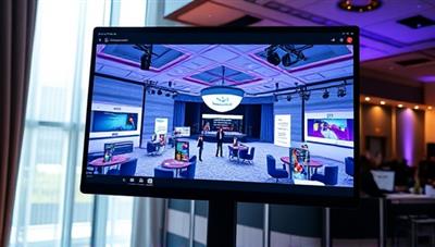 An engaging virtual event environment displayed on a computer screen, featuring a beautifully designed virtual conference hall with interactive booths, networking lounges, and live streaming stages, illustrating the innovative and immersive nature of virtual event planning and coordination.