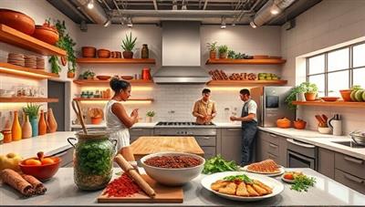 An immersive visual of a virtual kitchen studio bustling with cooking activities, exotic spices, ingredients from around the world, chef avatars leading culinary demonstrations, and a digital recipe book showcasing diverse cuisines, evoking a sense of culinary discovery and creativity.