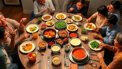 An eclectic dining table set with colorful international dishes, exotic spices, and cooking utensils, surrounded by a diverse group of people engaging in a virtual dining experience, symbolizing cultural exchange and culinary diversity.