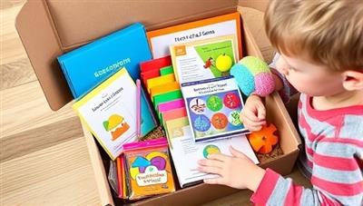 An array of colorful educational materials and tools neatly arranged in a subscription box, with a child eagerly opening the box to reveal the contents, capturing the excitement of hands-on learning.