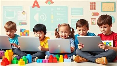 An engaging visual of a group of enthusiastic children coding on laptops and tablets, surrounded by colorful coding blocks and graphics, creating a playful and educational atmosphere that sparks curiosity and creativity.