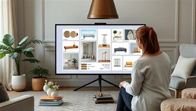 An elegant virtual meeting setup with a professional interior designer discussing design ideas on a digital mood board, surrounded by fabric swatches, paint samples, and decor magazines, creating a stylish and inspiring atmosphere for virtual consultations.