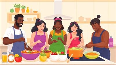 A vibrant digital illustration of a diverse group of individuals cooking together virtually, each preparing a different dish, with colorful ingredients and cooking utensils in a modern kitchen setting, conveying a sense of community and culinary creativity.