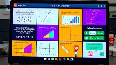 A dynamic virtual math challenge session displayed on a computer screen, featuring a mix of mathematical equations, colorful graphs, and animated characters engaging in problem-solving activities, illustrating the interactive and educational nature of MathQuest Hub.
