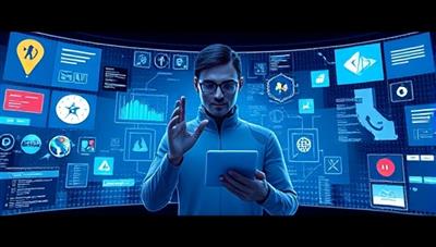 A futuristic interface showing a user interacting with a virtual tutor powered by AI, surrounded by dynamic language exercises and immersive language environments, symbolizing cutting-edge language learning technology.
