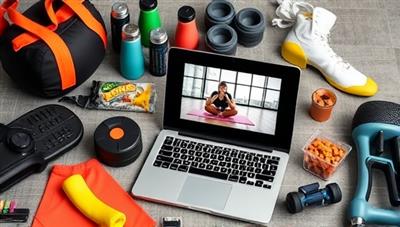 A dynamic collage of fitness equipment, workout gear, healthy snacks, and a laptop displaying a virtual workout session, showcasing the convenience and versatility of Fit Fusion's virtual fitness coaching platform.