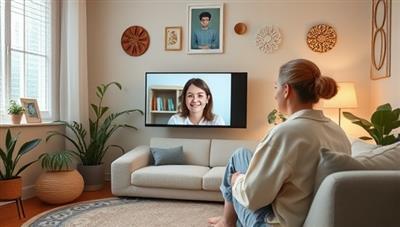 An emotional wellness setting with a virtual therapy session in progress, featuring a counselor providing support to a client through a video call, surrounded by calming visuals and mindfulness tools, conveying a sense of comfort and healing in the virtual space of MindMend.