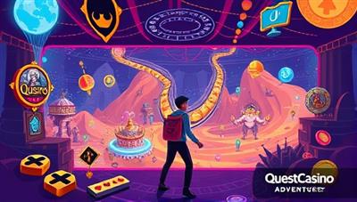 An immersive casino adventure illustration featuring a player avatar embarking on quests, unlocking rewards, and exploring a virtual world filled with casino games and challenges, highlighting the dynamic and engaging nature of the QuestCasino Odyssey platform.